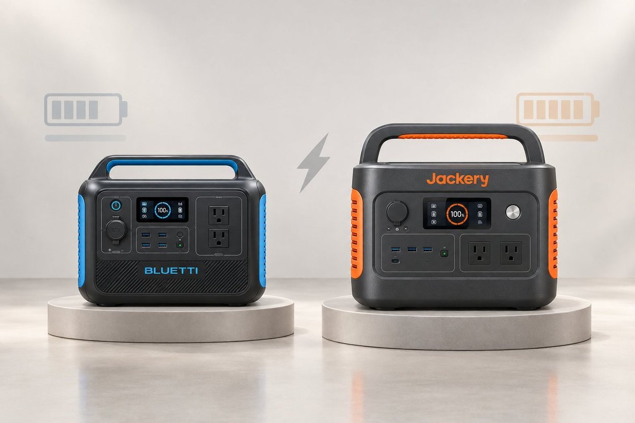 Bluetti and Jackery portable power stations side by side.