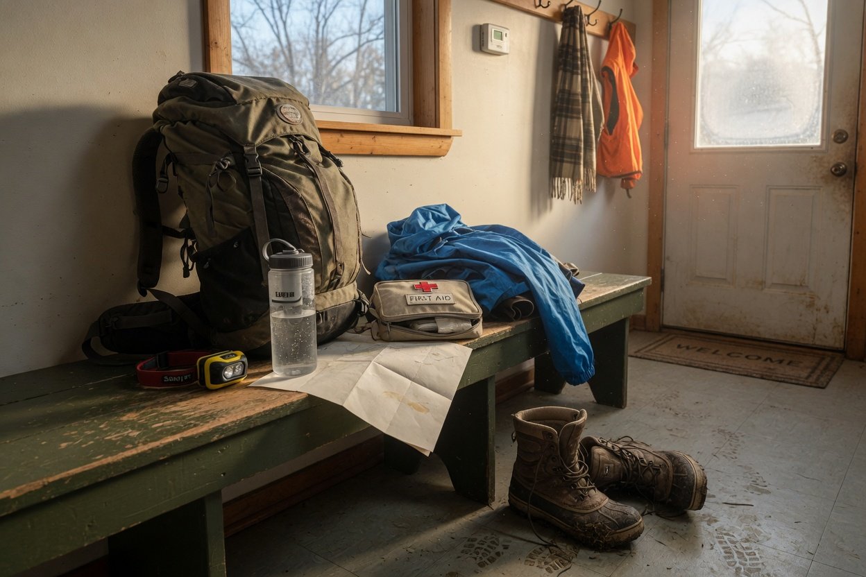 A packed backpack and emergency gear on a bench by a back door