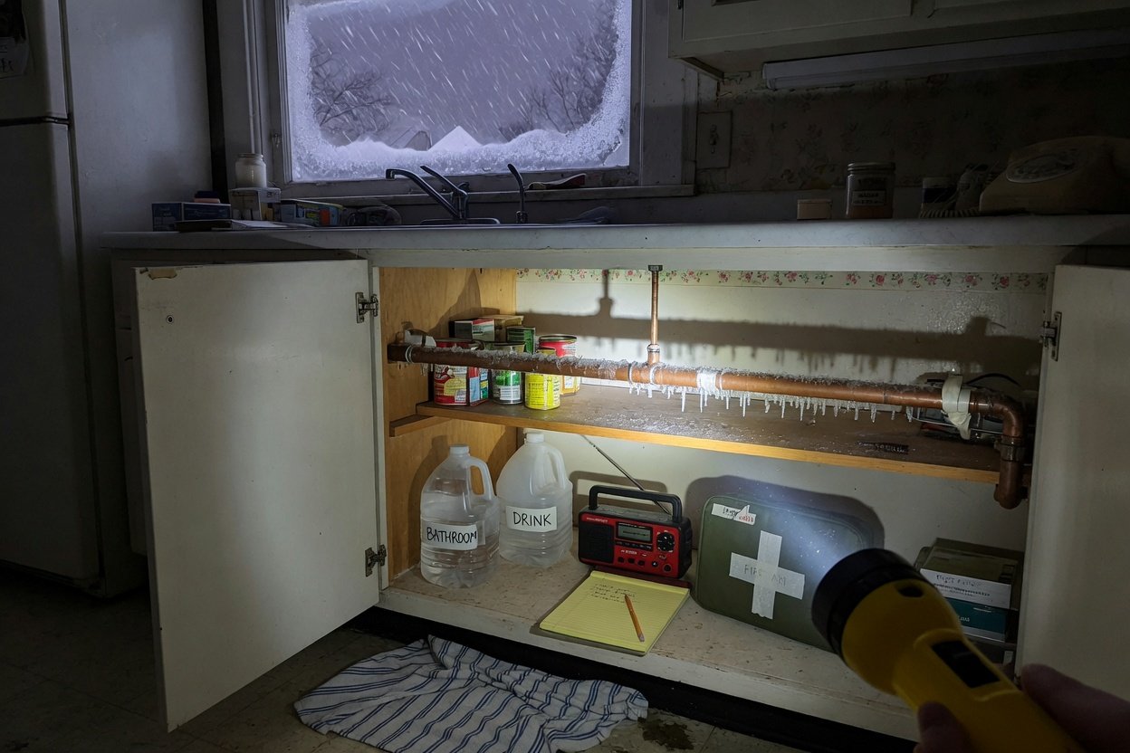 Frost on a water pipe inside an open sink cabinet during a winter outage