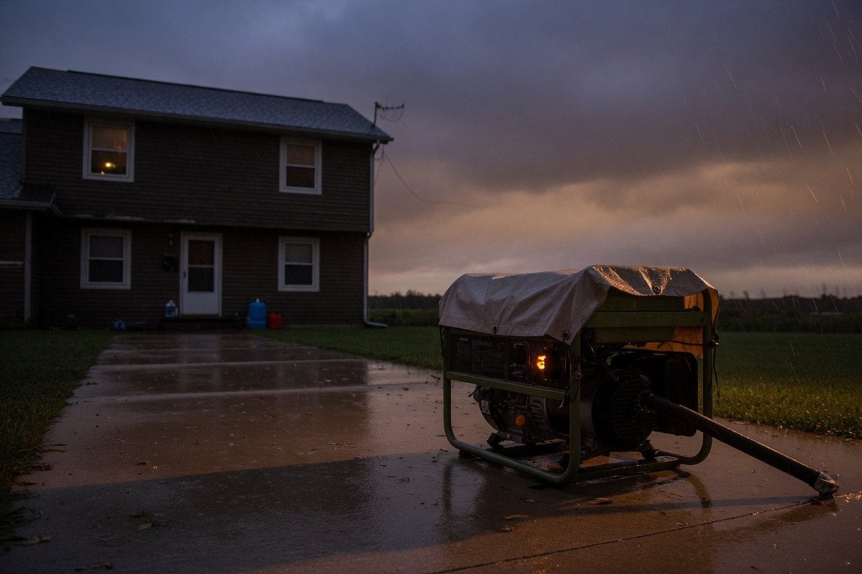 A portable generator running on a driveway far from the house during an outage