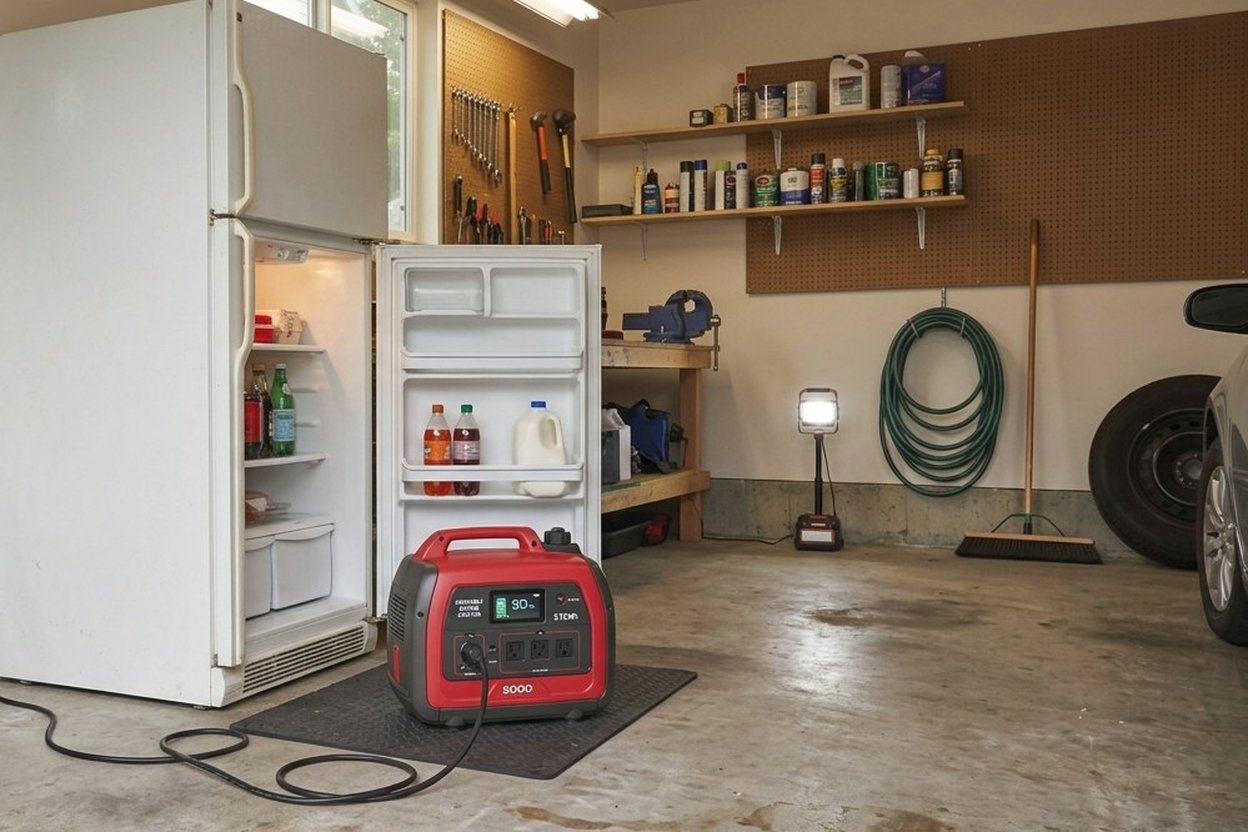 Portable power station running a refrigerator in a garage.