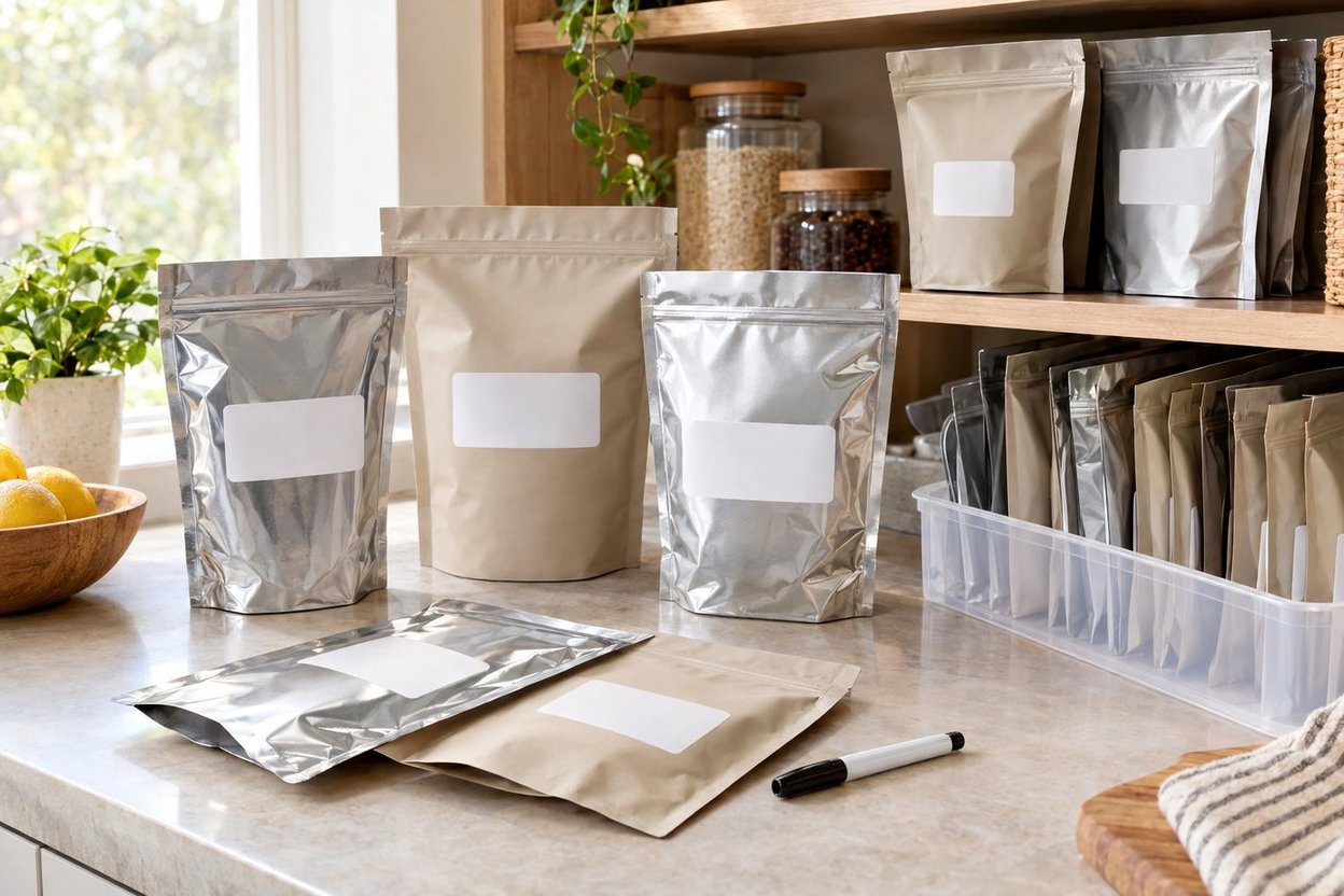 Food storage bags with blank labels ready to fill in.