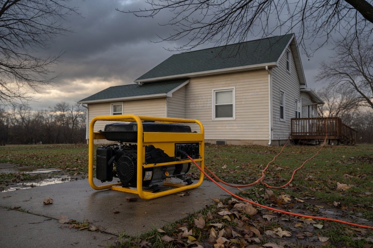 A portable generator on a concrete pad behind a house in late fall