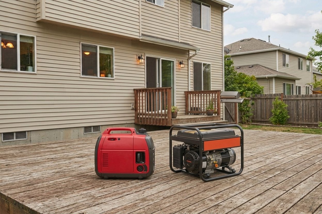 Two portable generators on a wooden deck outside a house.