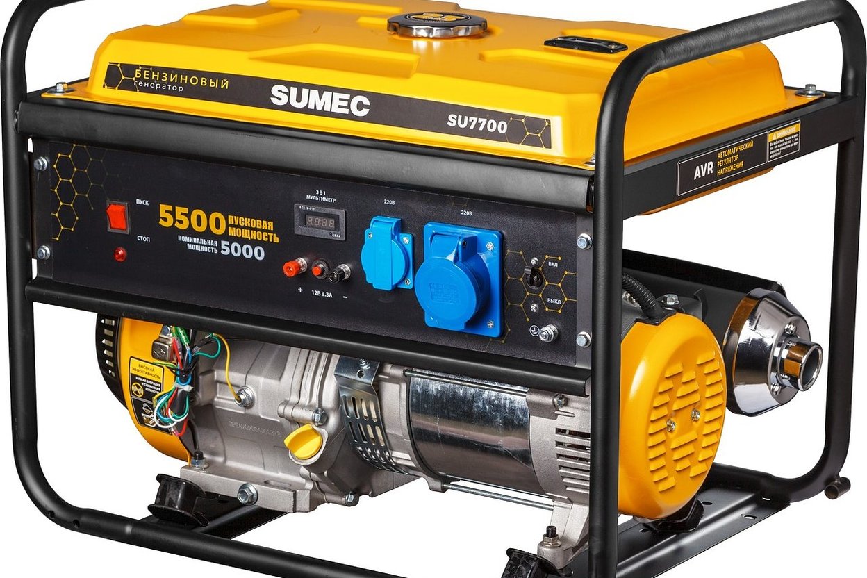 A portable generator on open grass about 20 feet from a house, with its exhaust pointed away from the home and a neighboring house