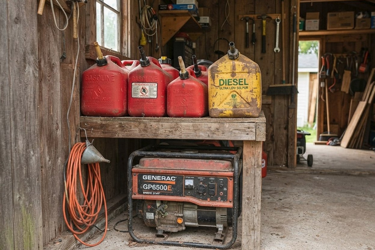 Red gasoline cans and a yellow diesel can on a detached shed shelf next to a portable generator