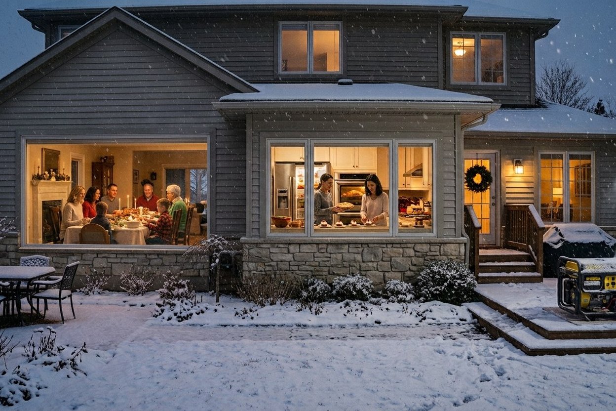 Snowy evening view of a family gathering inside a warmly lit home.