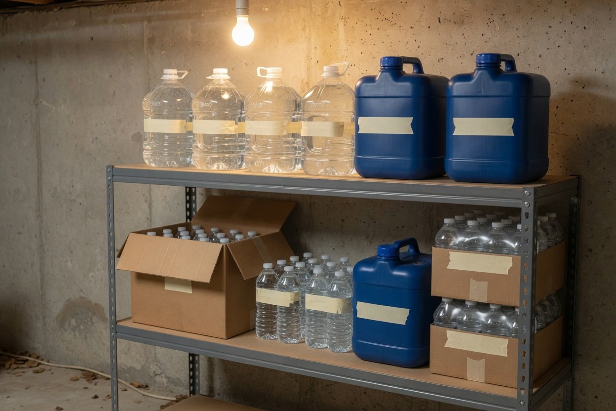 Basement shelves stocked with water jugs and containers with date labels