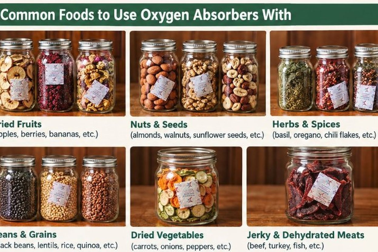 Jars of dried food sealed with oxygen absorbers.
