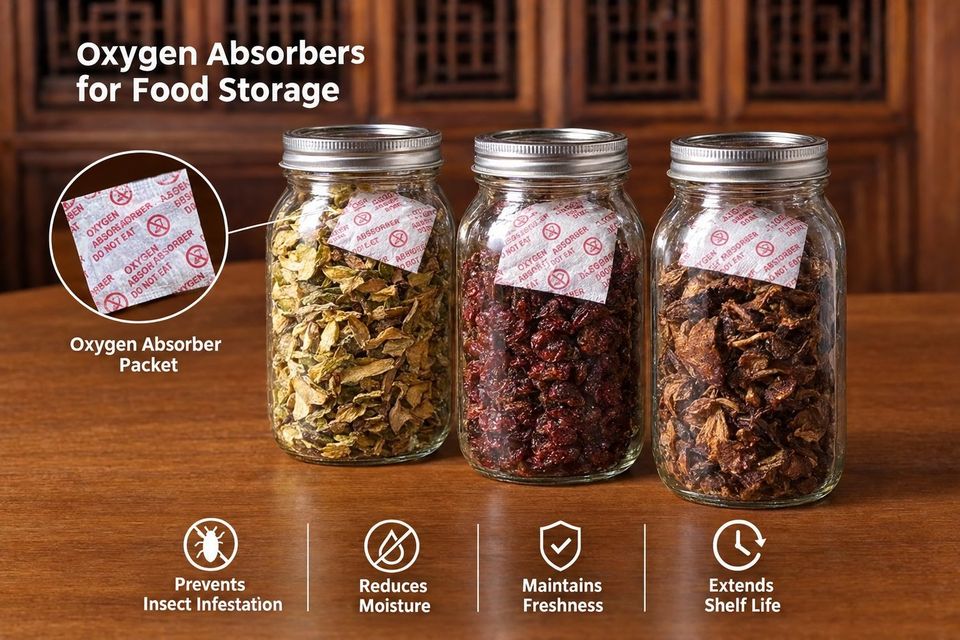 Oxygen absorber packets inside jars of dried food.